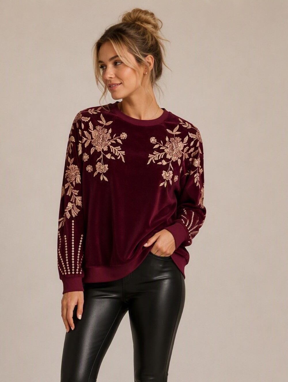 Johnny Was Burgundy Velvet Embroidered Floral Sweatshirt